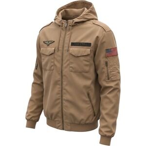 CSG Champs Sports Mens Tan Military Hooded Bomber Jacket LARGE Gorpcore Patches